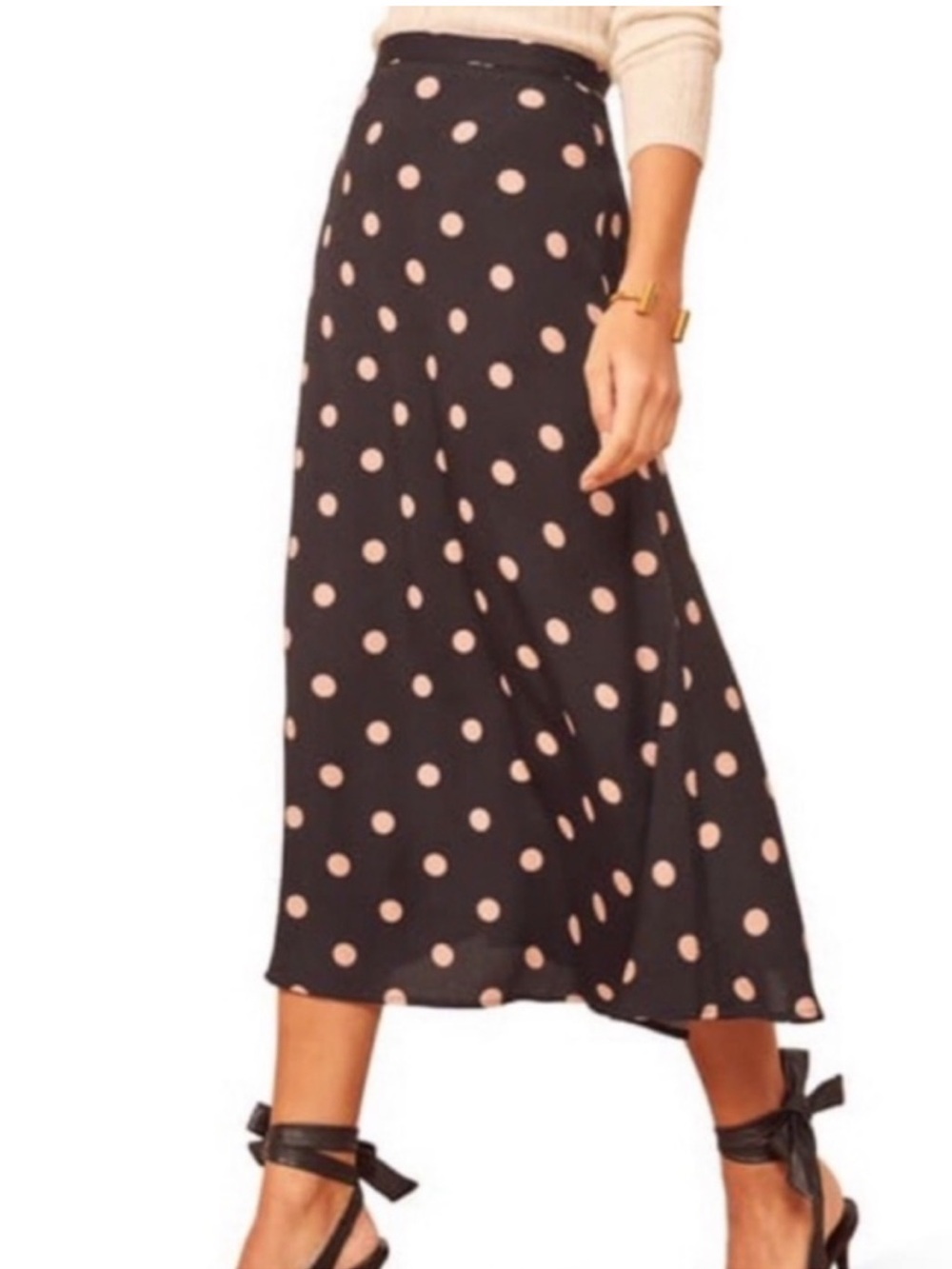 Reformation Black Midi Skirt with Light Pink Polka Dots